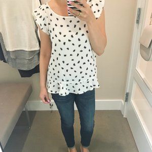 LOFT black & white brush dot print ruffle sleeveless top